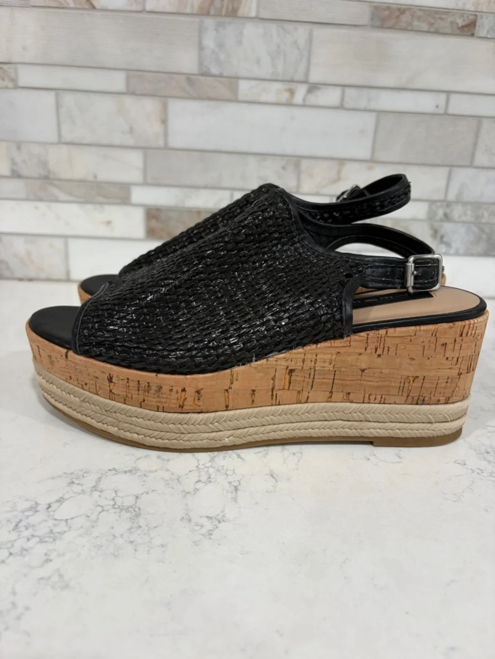 Steve Madden Women’s Black and Tan Woven Cork Wedge Platform Sandals Sz 7.5